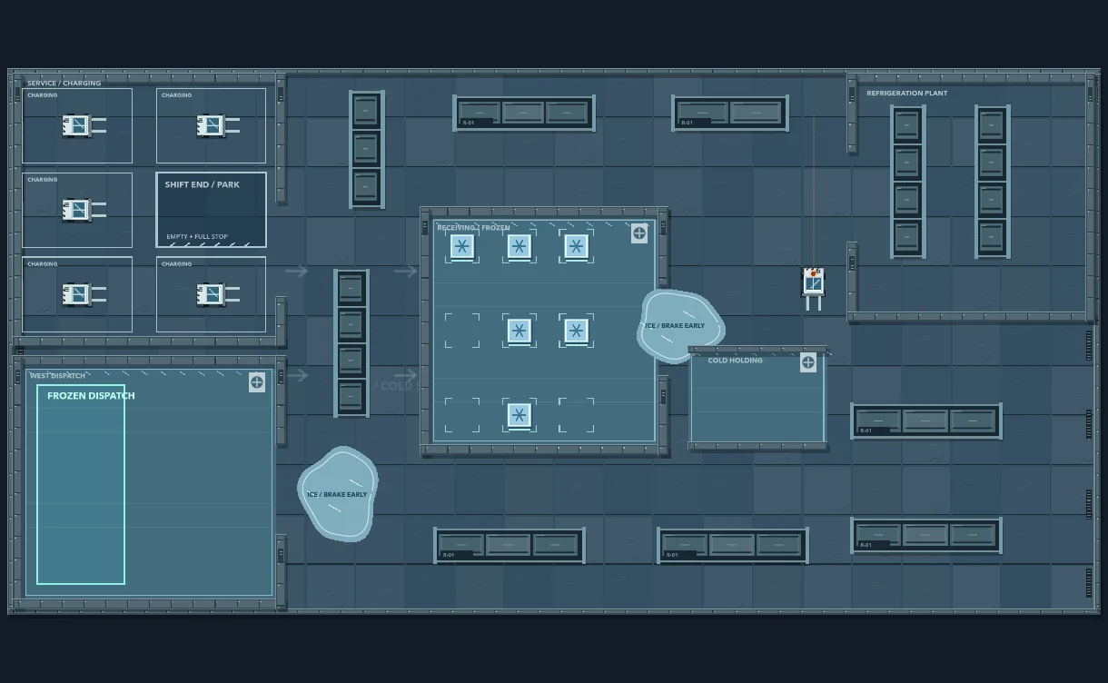 Cold Storage warehouse with frozen cargo, ice, shelves and separate delivery rooms.