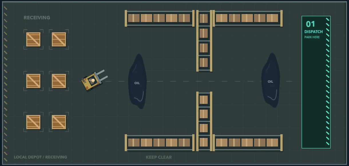 Top-down view of the Old Depot, with wooden cargo, shelves, oil spills and a forklift.