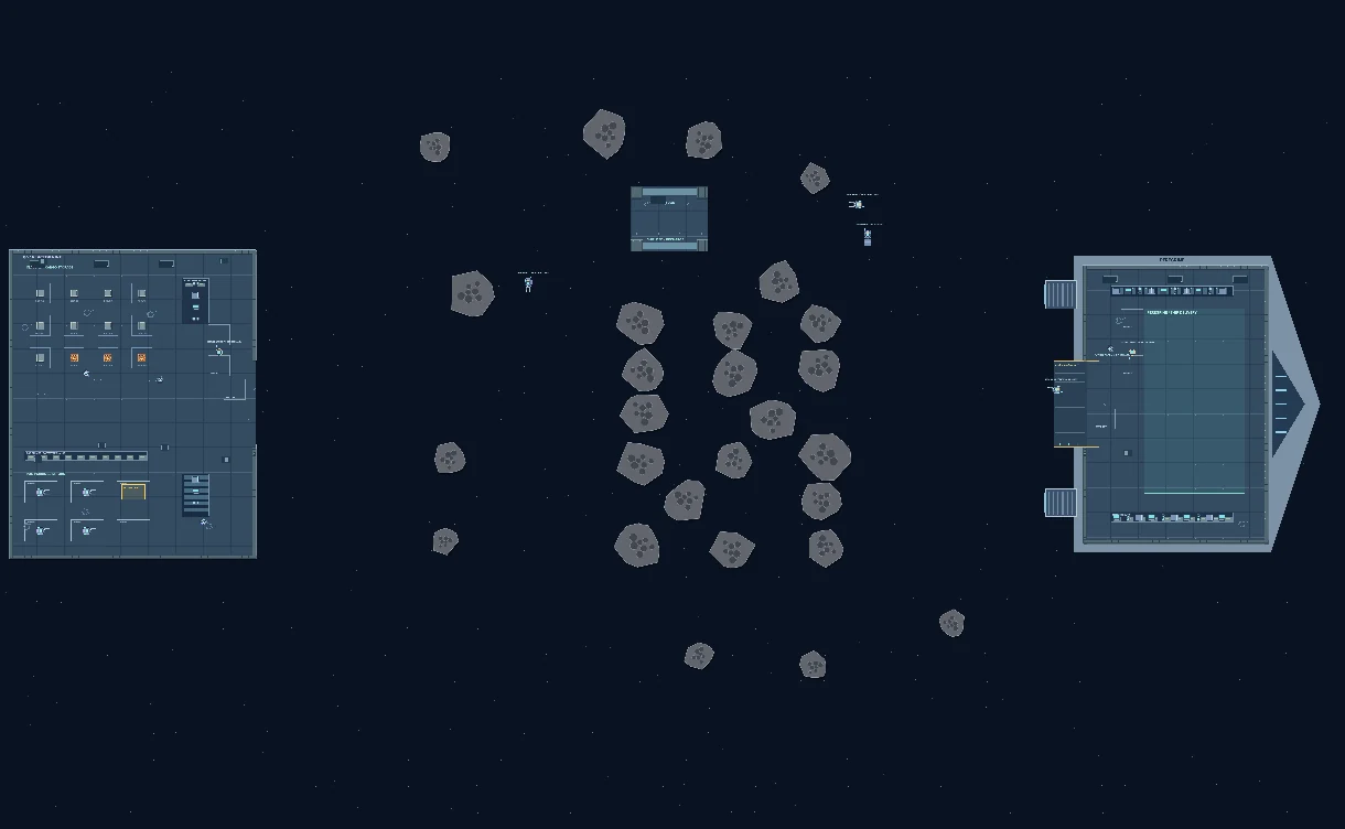 Orbital Dispatch station and spaceship, separated by an asteroid-filled crossing in space.
